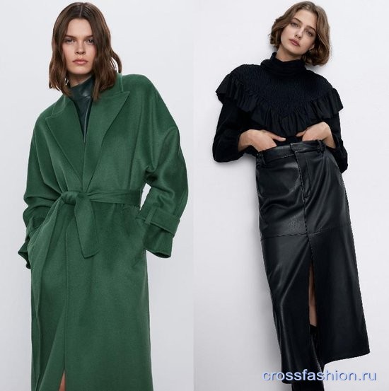 Zara Зеленое пальто с поясом и кожаная юбка миди с разрезом: мини обзор